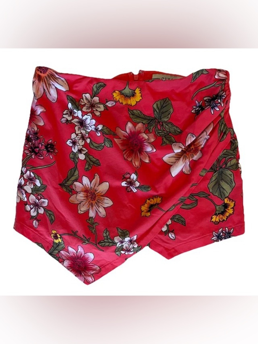 Guess Floral Wrap Skort in Bright Red with Green and White Accents